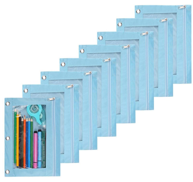 SdeFe Zippered Pen Pencil Binder Pouch 3 Rings with Clear Window for School Classroom Organizers 8 Pcs (Light Blue) - Image 1
